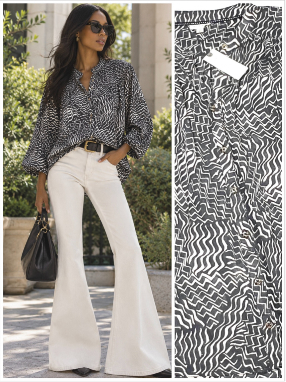 NWT Anthropology Pilcro Button Down Shirt S Grey Ivory White Geometric Print